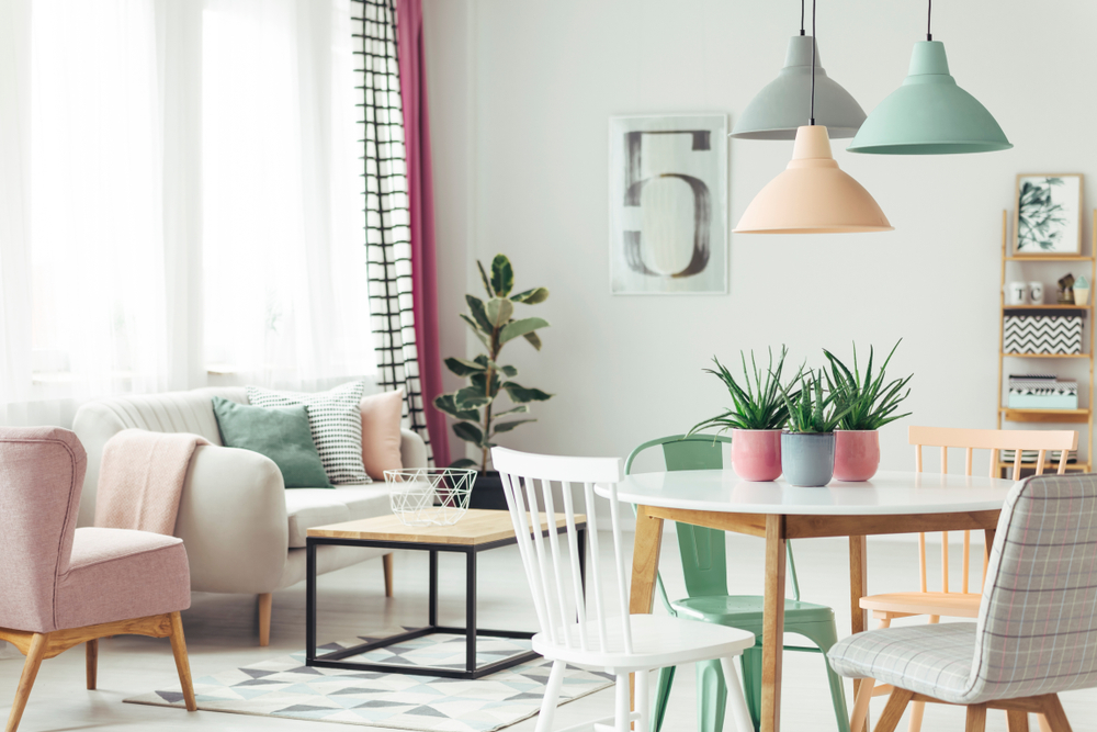A living area with soft pastel hues all around