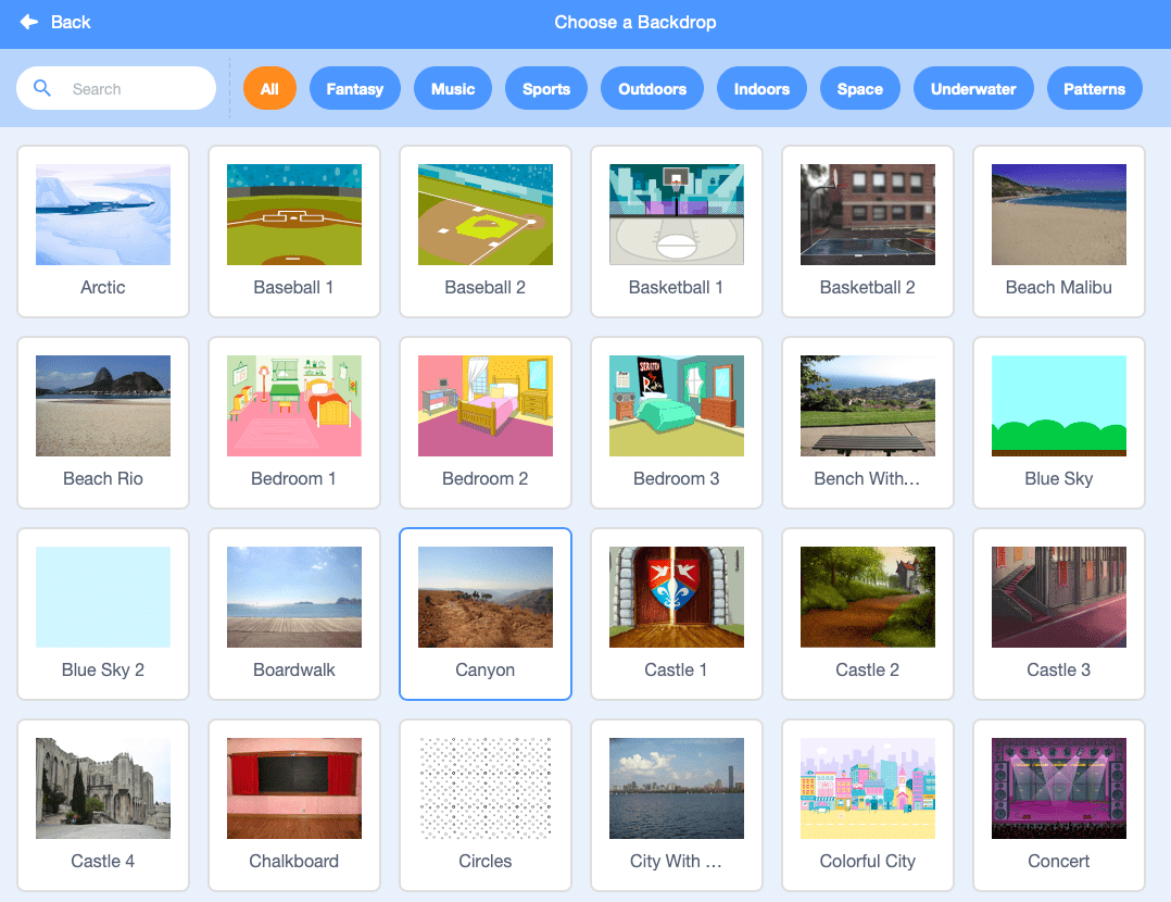 The Scratch coding screen for selecting backdrops.