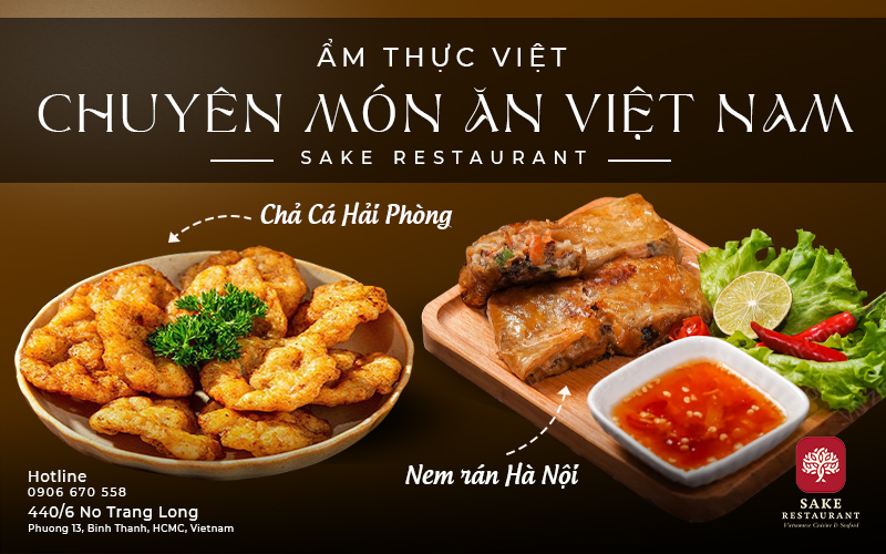 món ăn Việt Nam nền nâu sẫm cùng logo nhà hàng cây sake