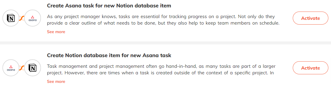 Popular automations for Asana & Notion integration.