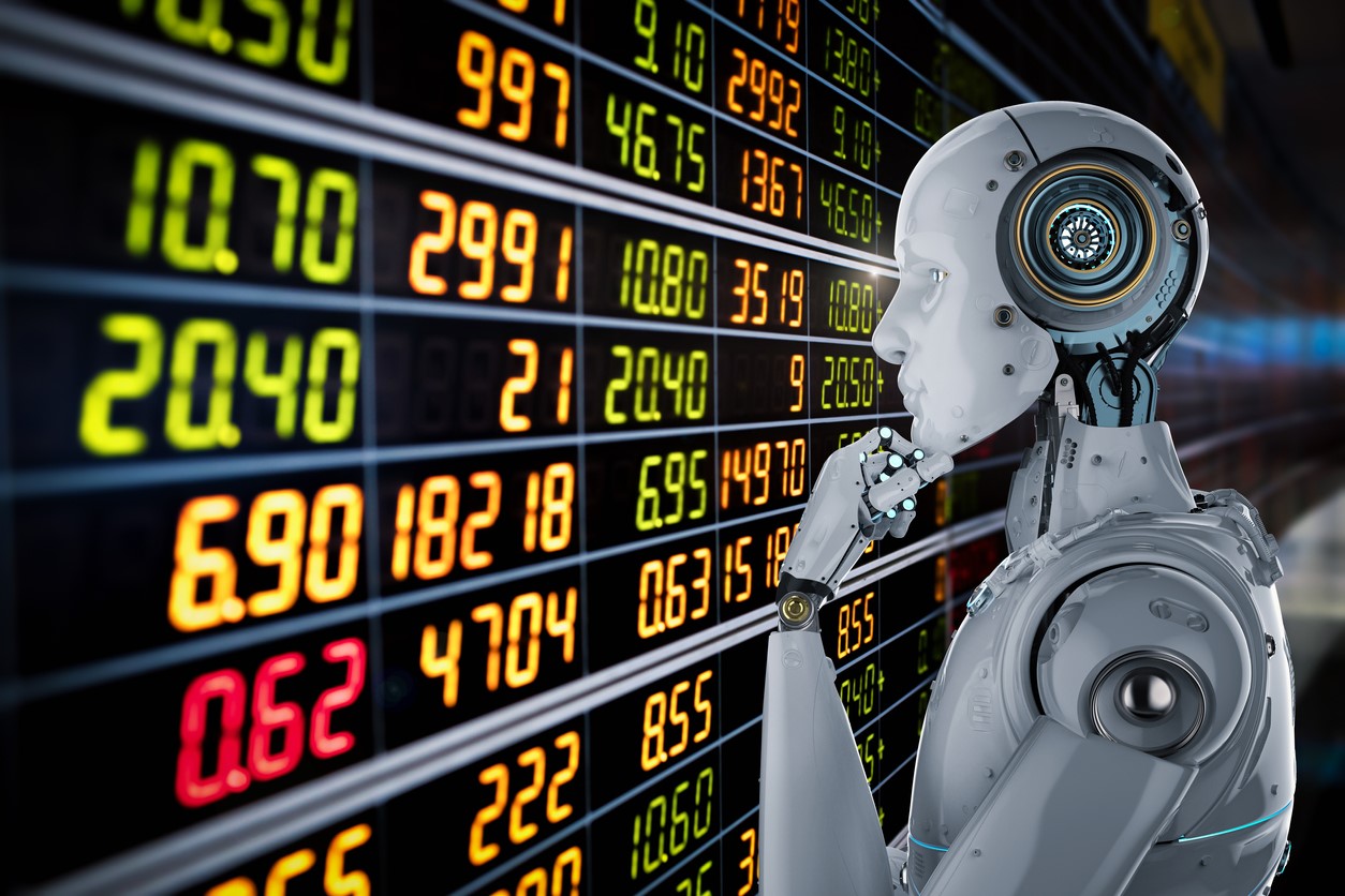 Robot looking at indexed share prices 