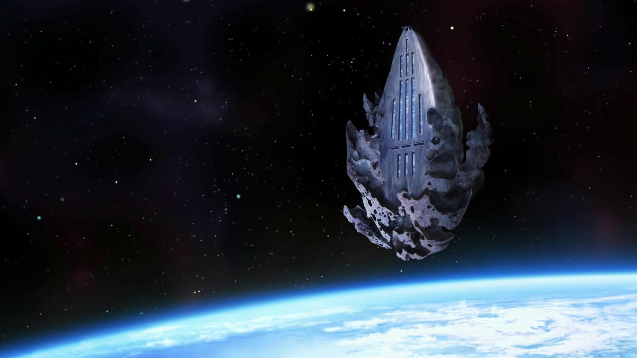 The Justice League Watch Tower as it is depicted in the series Young Justice. It is a building constructed onto an asteroid floating in space above Earth.