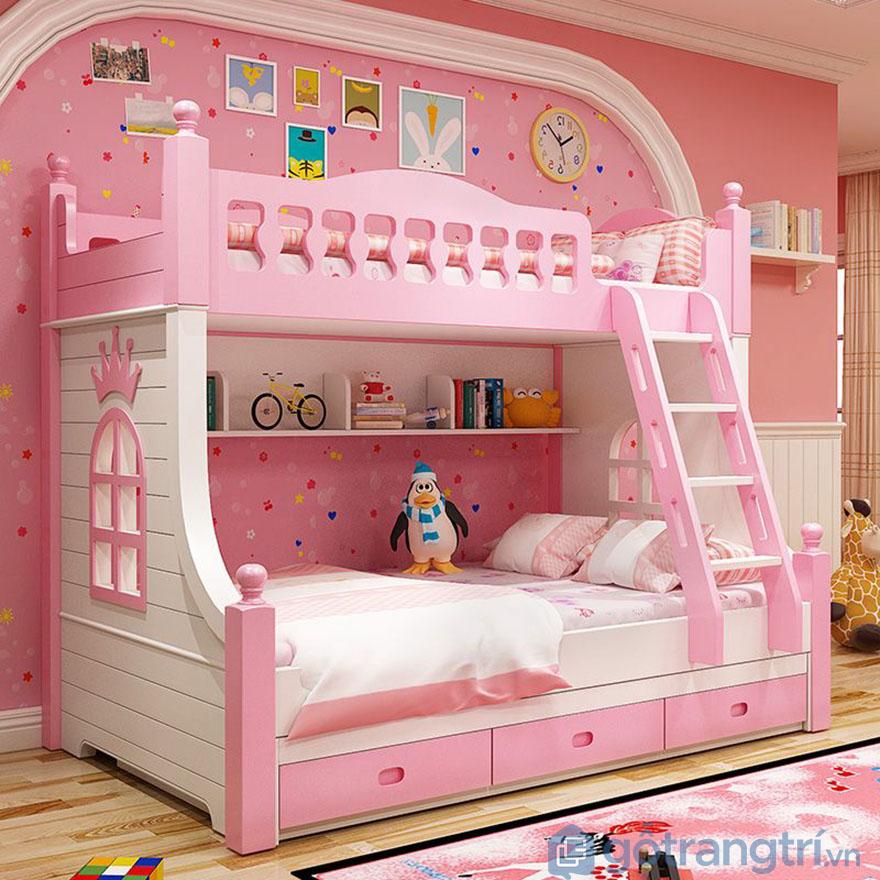 Giường tầng Elsa màu hồng kết hợp tủ đồ