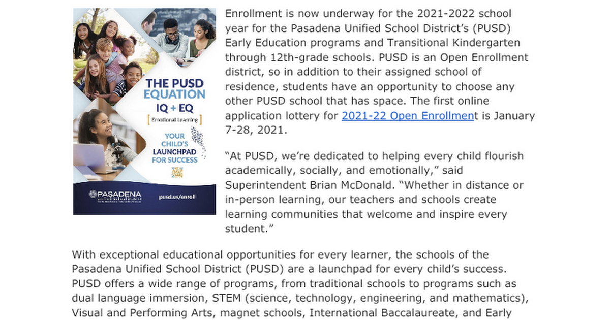 Open Enrollment in PUSD in 2021-2022
