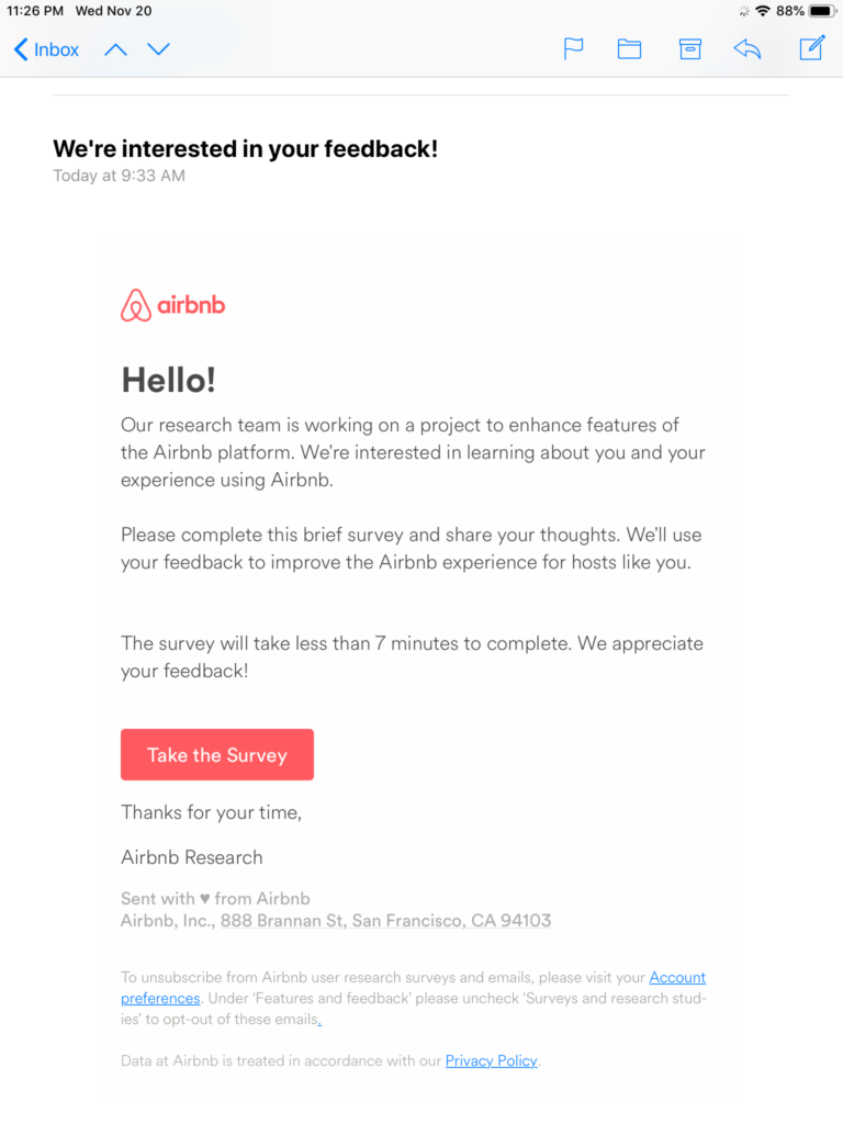 Exemplo de e-mail de feedback do Airbnb