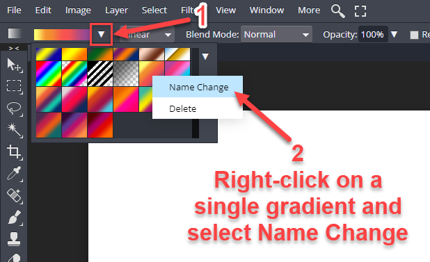 Right-click on a gradient and select Name Change to change the gradient name