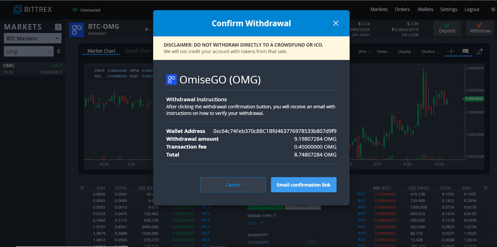 Confirm withdrawal screen shot.