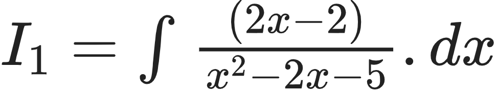 {"id":"8-0-1-1-0-1-1-1-0","type":"$","code":"$I_{1}=\\int_{}^{}\\frac{\\left(2x-2\\right)}{x^{2}-2x-5}.dx$","font":{"size":12,"color":"#222222","family":"Arial"},"ts":1600951078320,"cs":"43Gv4q+3a6BoCANsxd4/ag==","size":{"width":161,"height":29}}