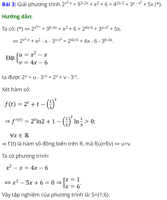 Ví dụ giải phương trình mũ bằng phương pháp hàm số