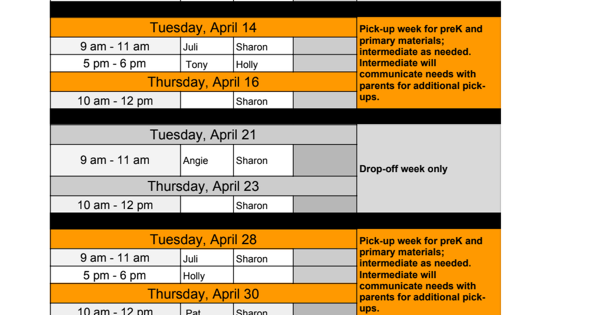 Drop off and Pick up Schedule Google Sheets