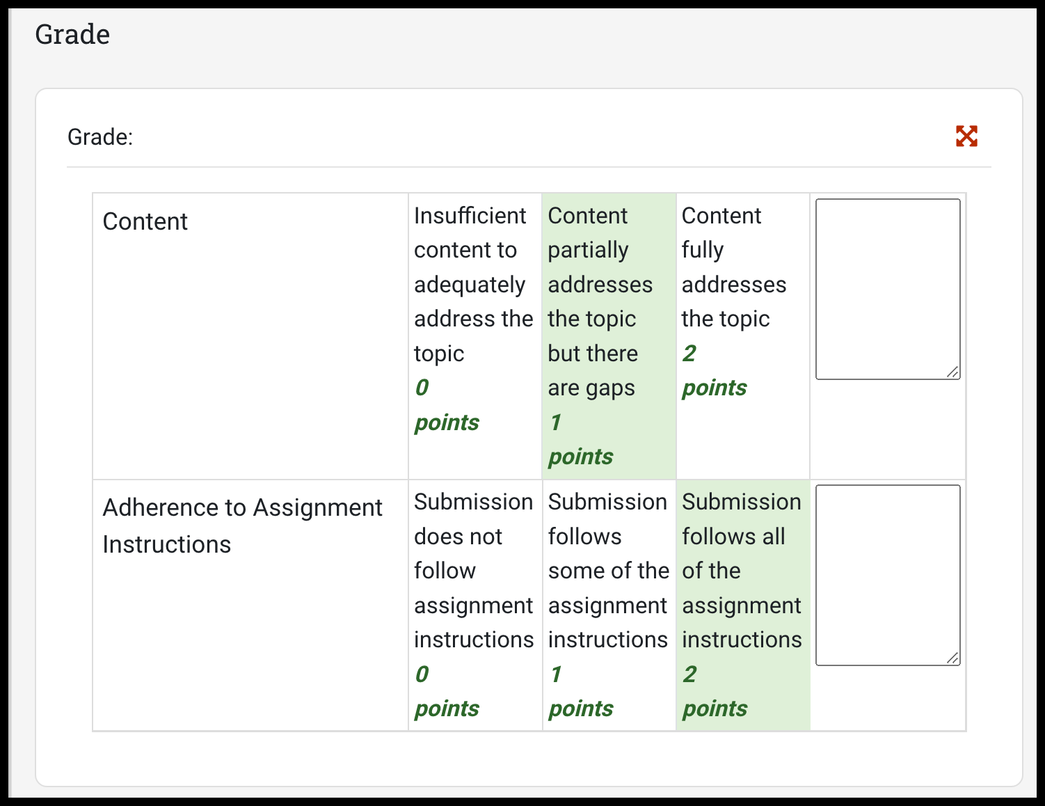 Rubric shown with criteria and levels; when boxes are selected during grading they are highlighted in green; area to the right of each criteria row for freeform comments