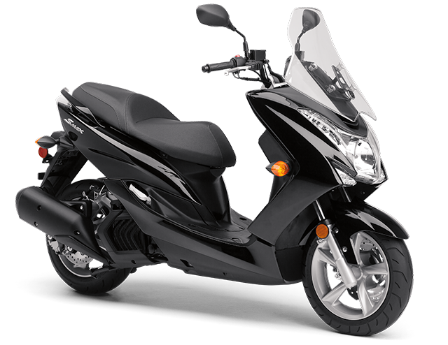 Black Yamaha SMAX scooter parked on urban street - sporty and efficient transportation for navigating busy city roads and commuting with ease