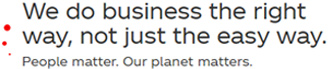 We do business the right way, not just the easy way. People matter. Our planet matters. quote with red decorative dot elements.