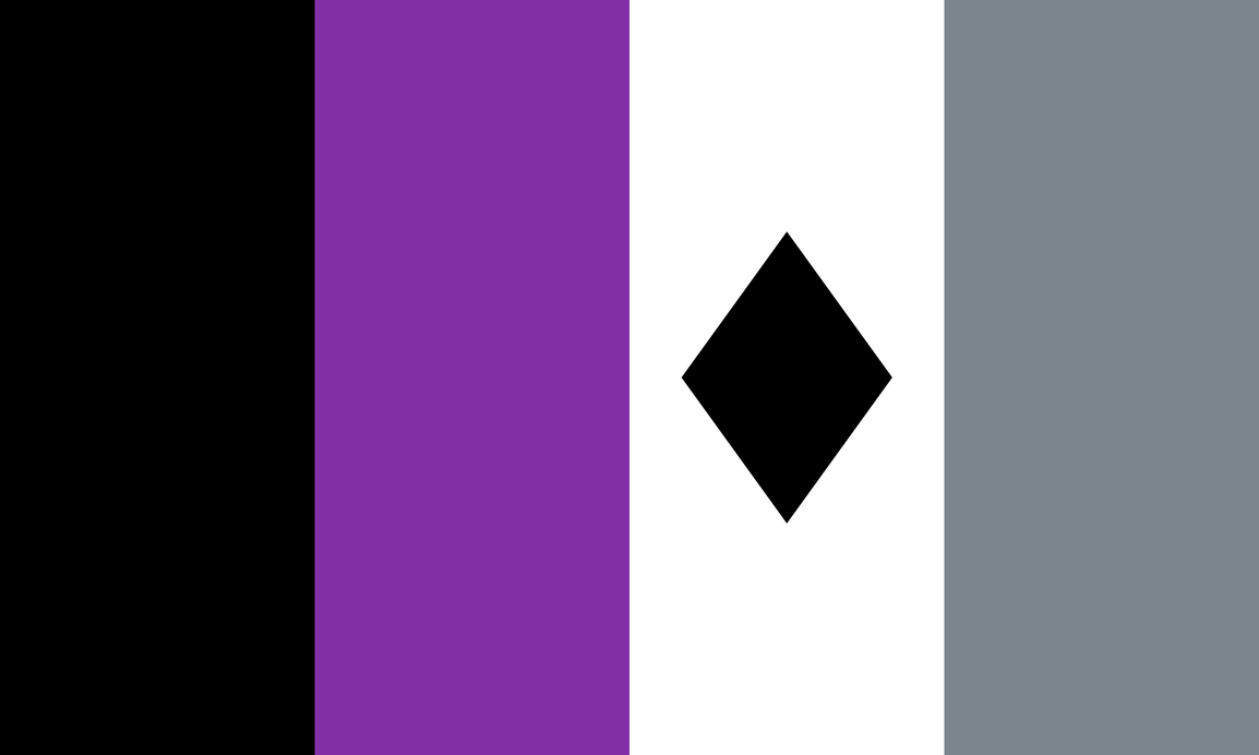 4 vertical stripes going black, purple, white, then gray from left to right. On the white stripe there is a black diamond. 