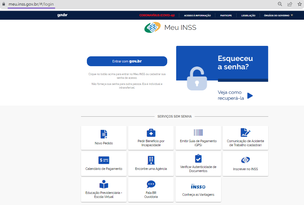 Primeira página do Meu INSS.