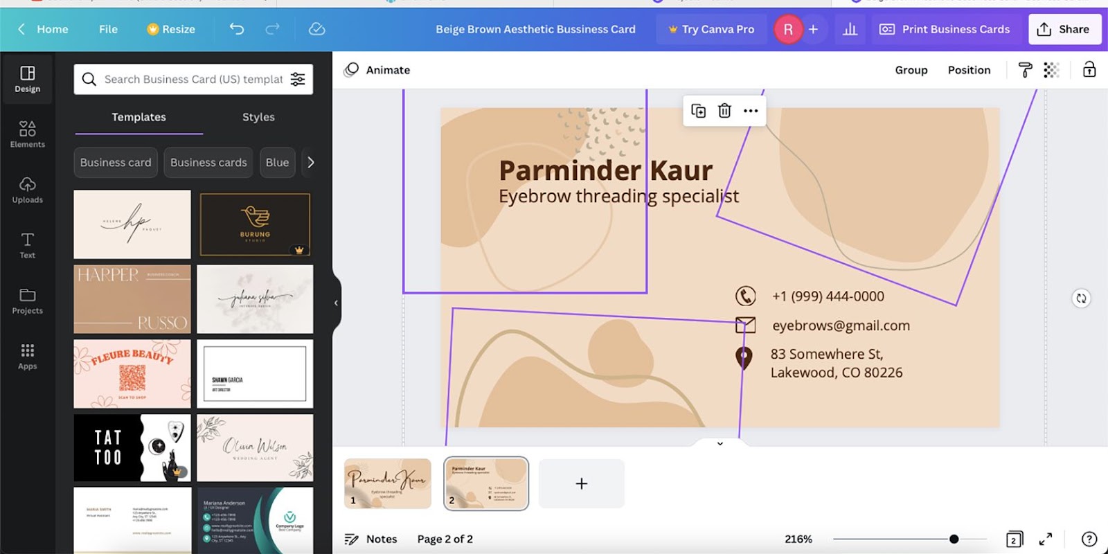 مرورگر Canva با عناصر انتخاب شده.