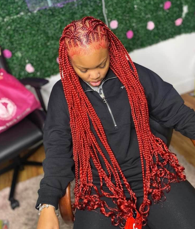 Red hairstyle on braids