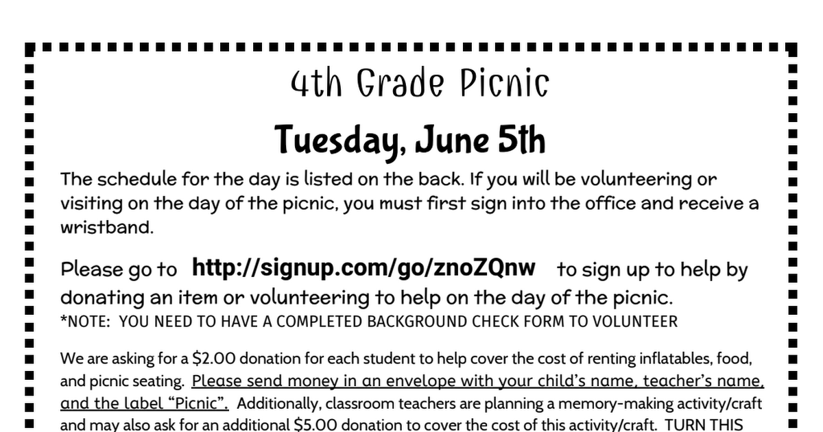 4th Grade Picnic - Send home information.pdf