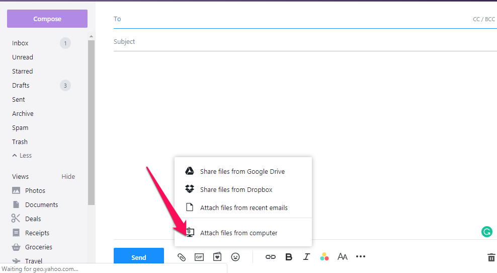 Sending a video as an attachment in Yahoo Mail.