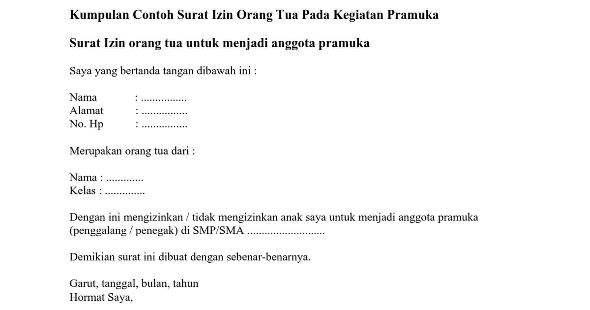 Kumpulan Contoh Surat Izin Orang Tua Pada Kegiatan Pramuka