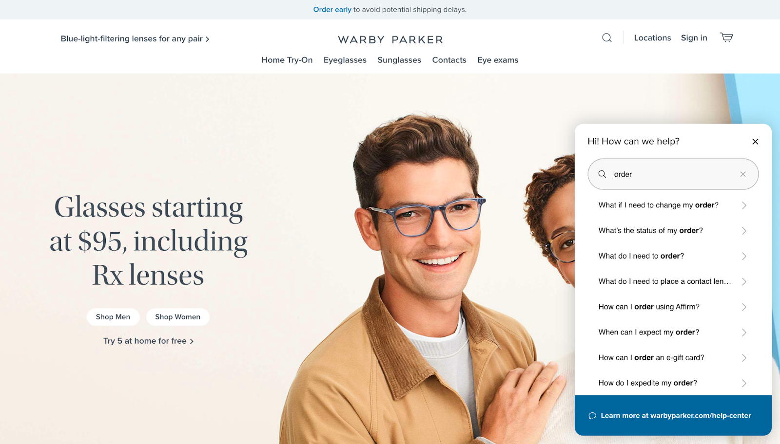 screenshot of warby parker showing retail experience examples