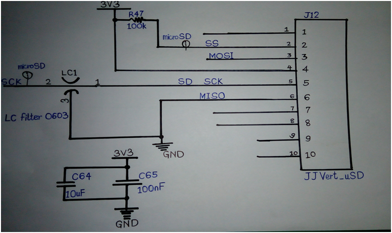 MicroSD Pinout: Circuit showing SD card used in SPI mode