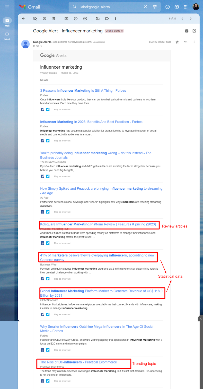 Snapshot of Google alerts for the keyword influencer marketing