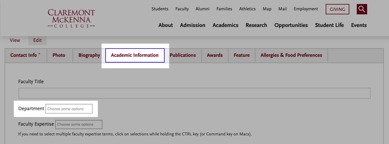 User profile interface on the Academic Information section.