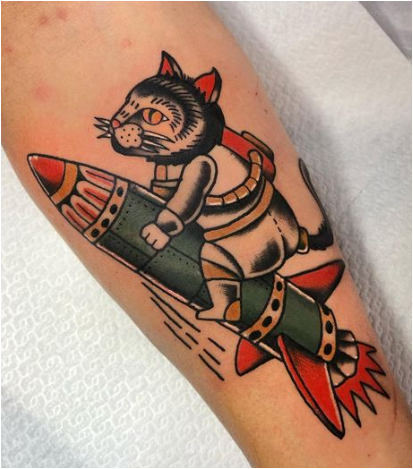 Cat On The Rocket Tattoo Designs