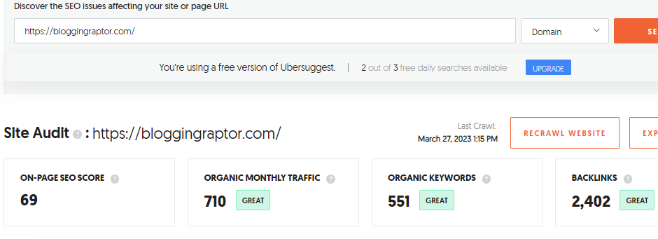 ubersuggest site audit tool