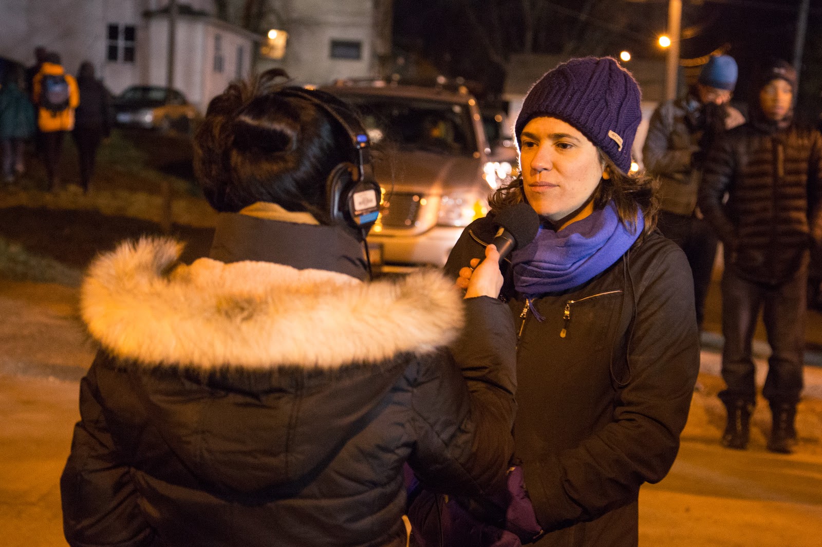 Minneapolis City Council President, Lisa Bender, being interviewed outside of the 4th Precinct during the 2015 Precinct takeover after the killing of Jamar Clark