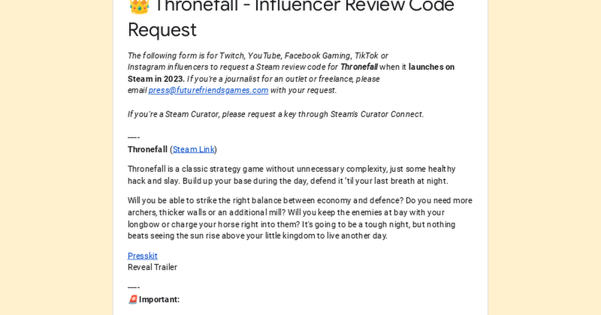 👑 Thronefall - Influencer Review Code Request