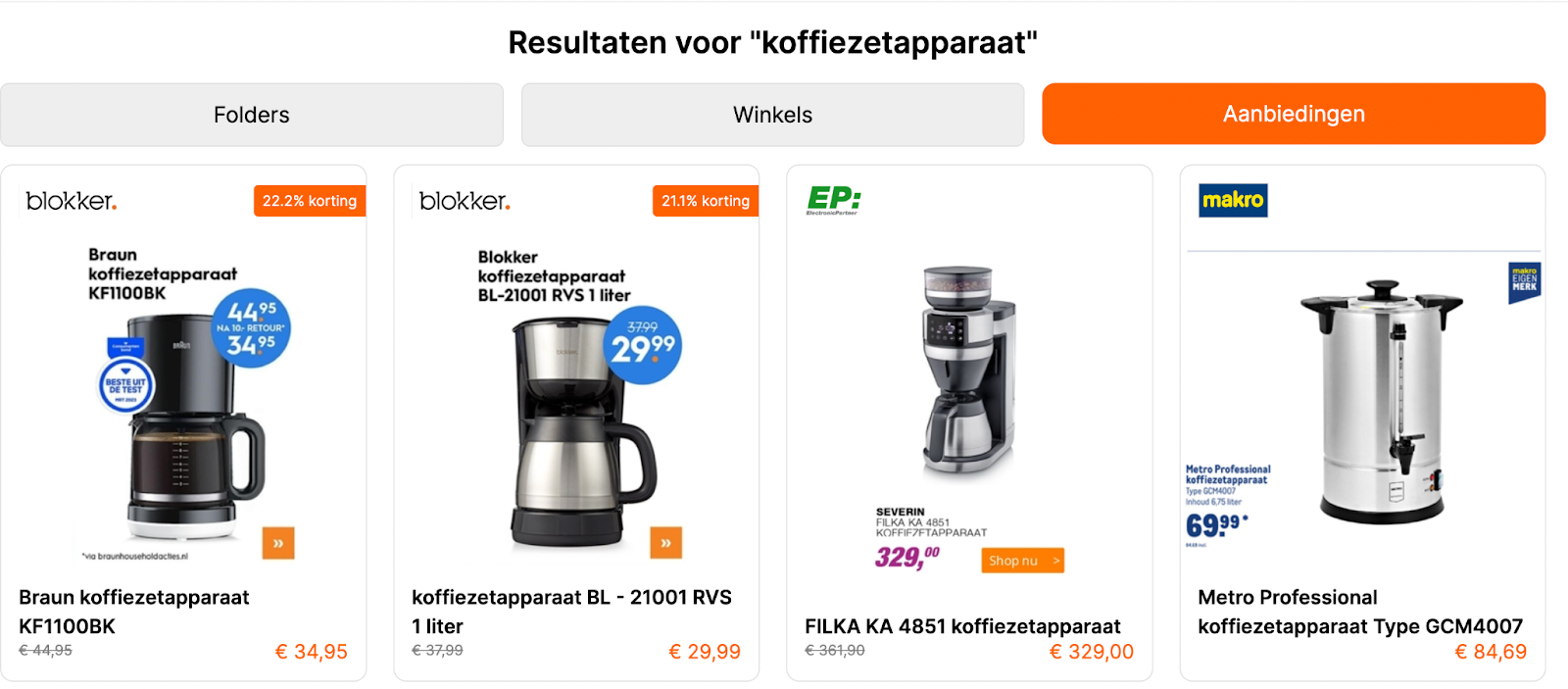 Resulaten die je vind op de website van AlleFolders.nl als je zoekt naar een koffiezetapparaat in de aanbieding