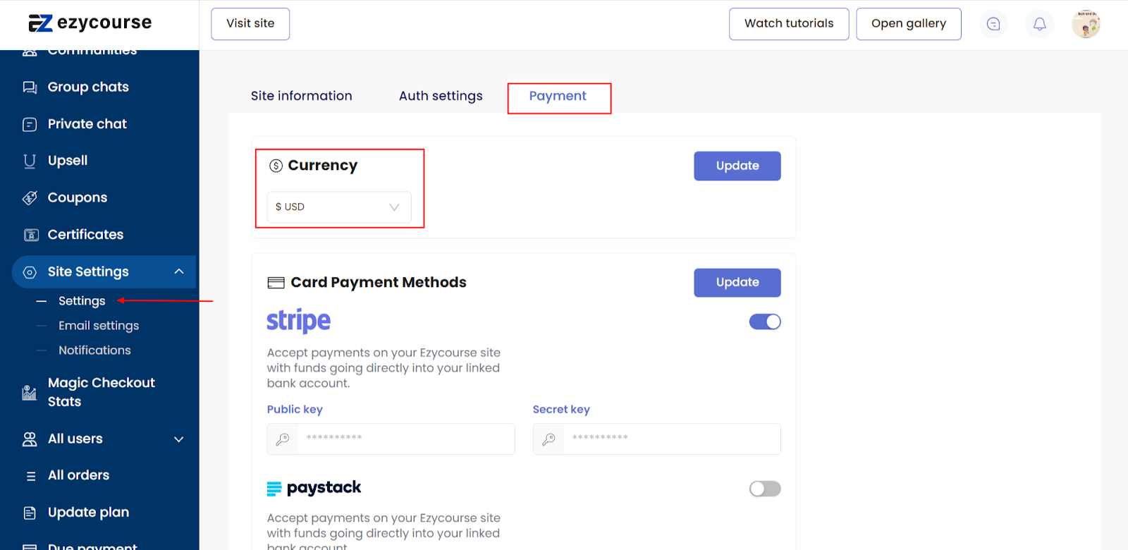 You can integrate Stripe with Thinkific for accepting payments