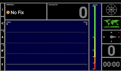 GPS tester application that says No Fix and shows a world map. The application also has lots of zeroes.