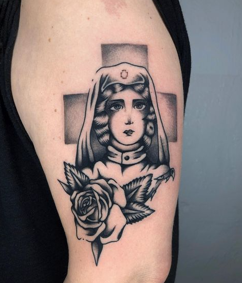 Cross Floral Small Nurse Tattoo
