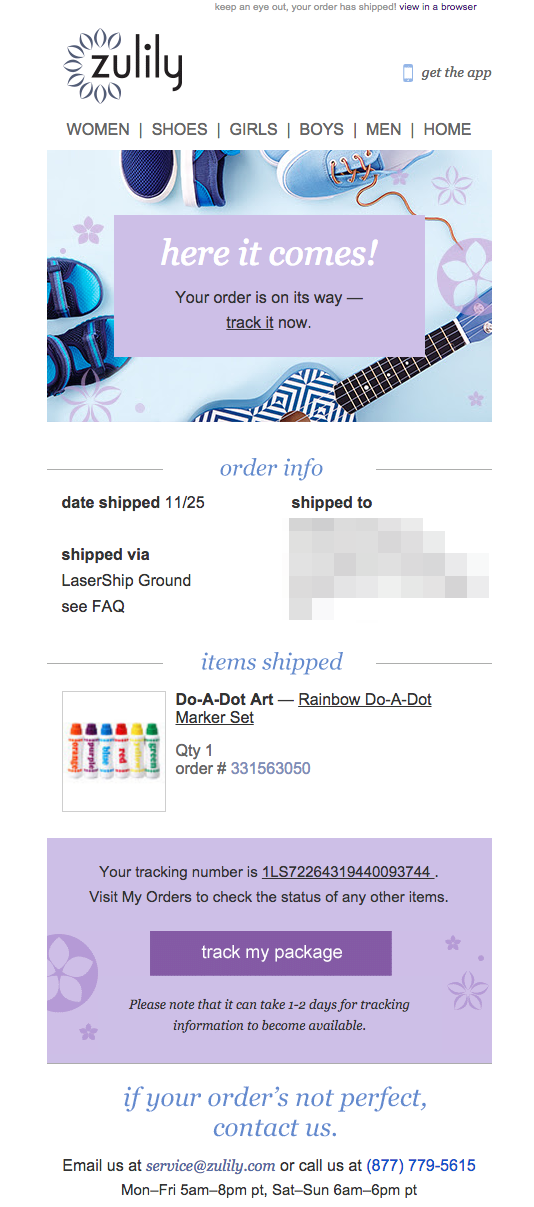 order confirmation email that makes tracking easy