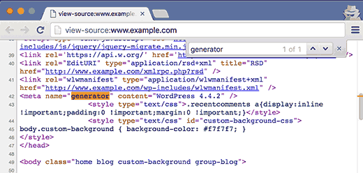 Procurando a tag do gerador no código-fonte de um site WordPress