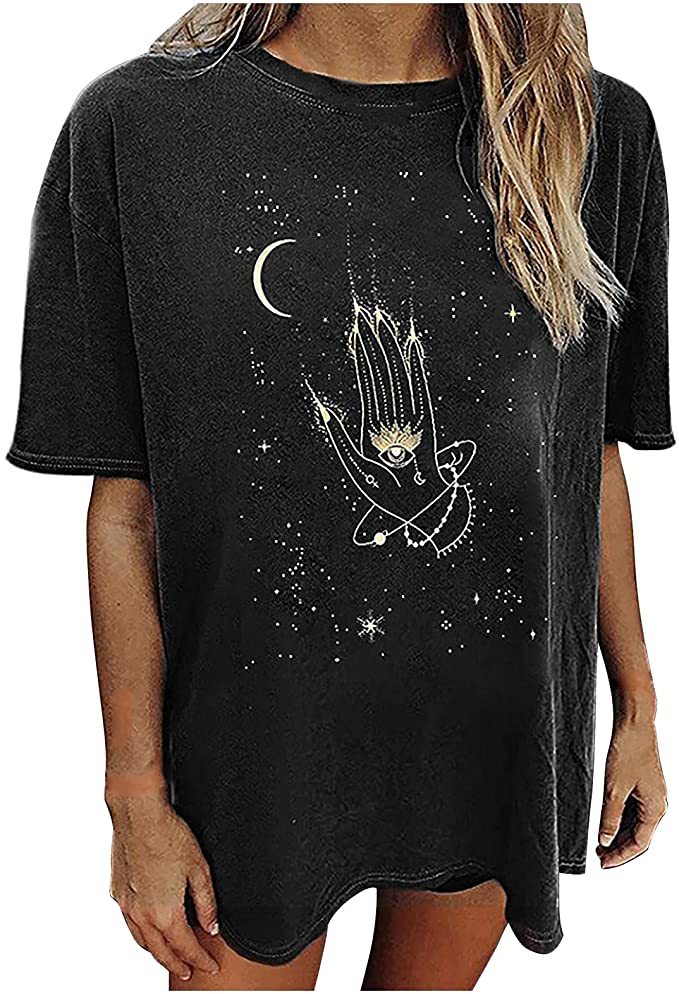 Womens Vintage Oversized T Shirts Casual Short Sleeve Tops Moon and Sun Printed