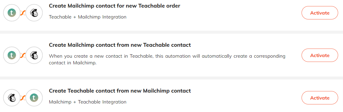 Popular automations for Mailchimp & Teachable integration.