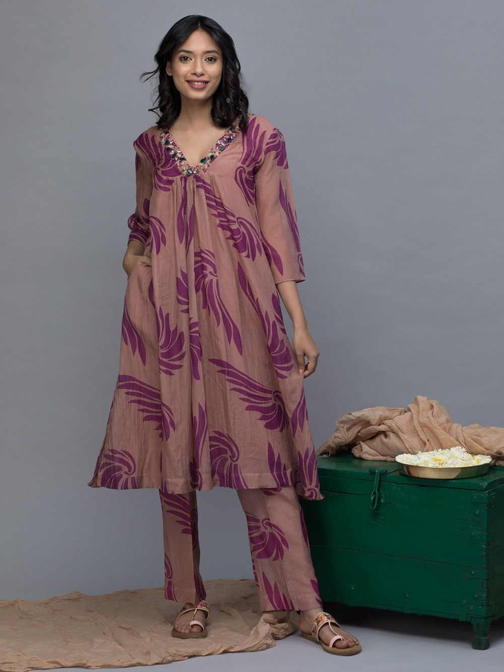 the loom - Purple Old Rose Printed Chanderi Kurta