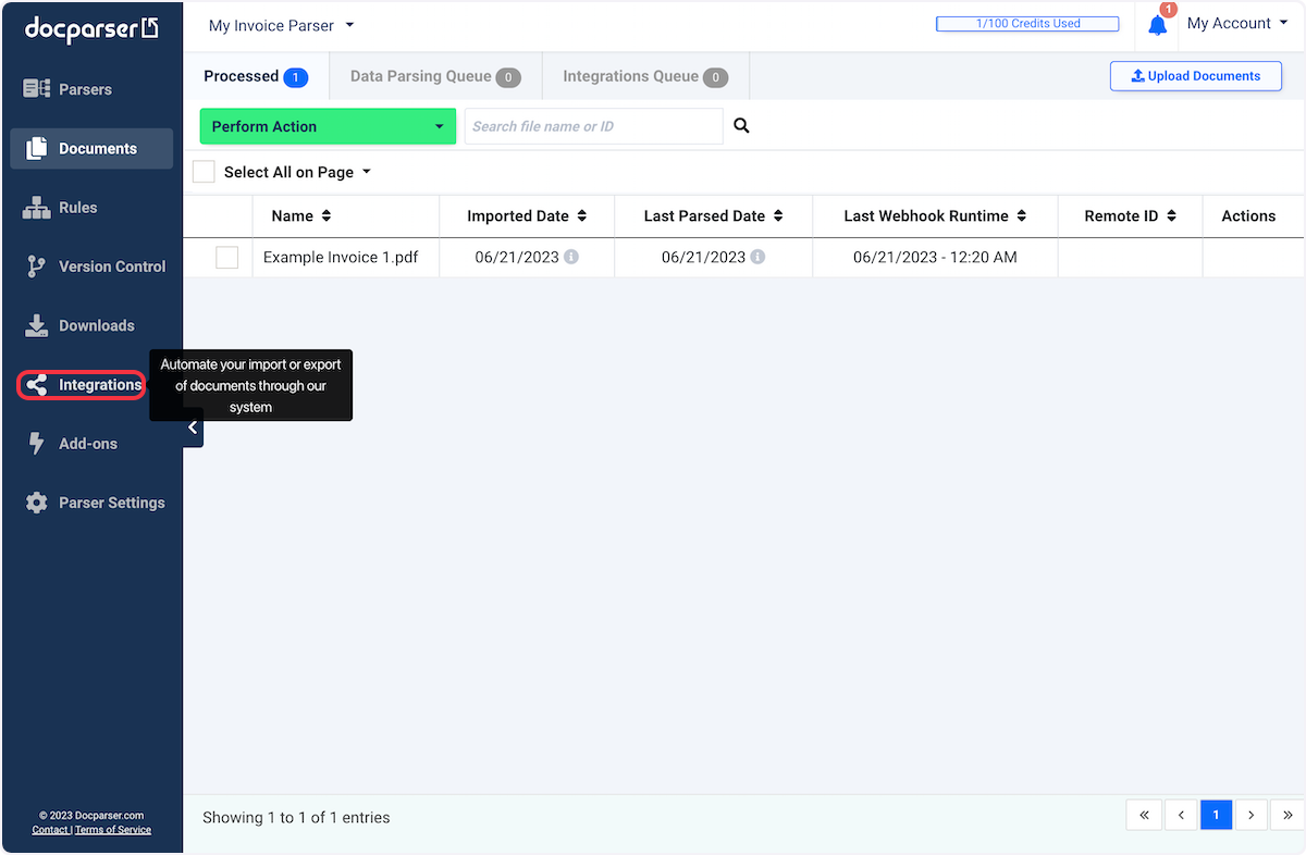 From the selected parser page goto to the left sidebar and click on Integrations.