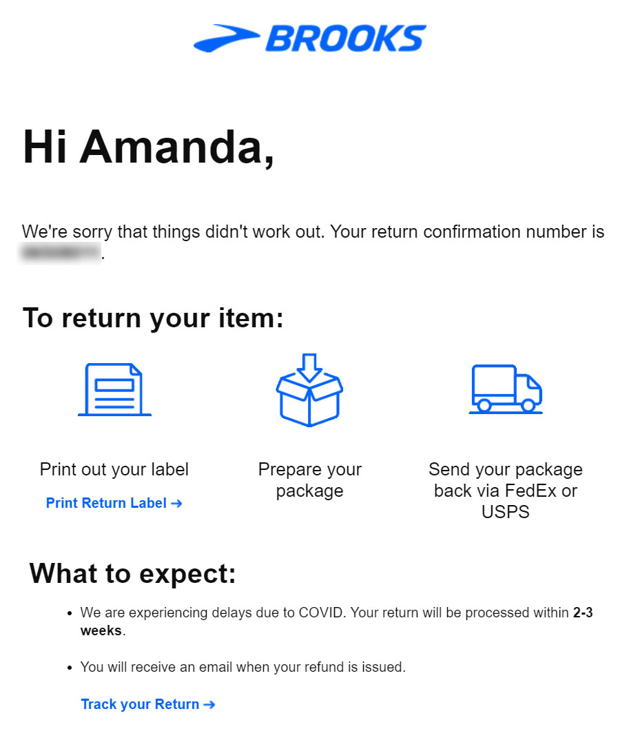 Return email confirmation and next steps from Brooks