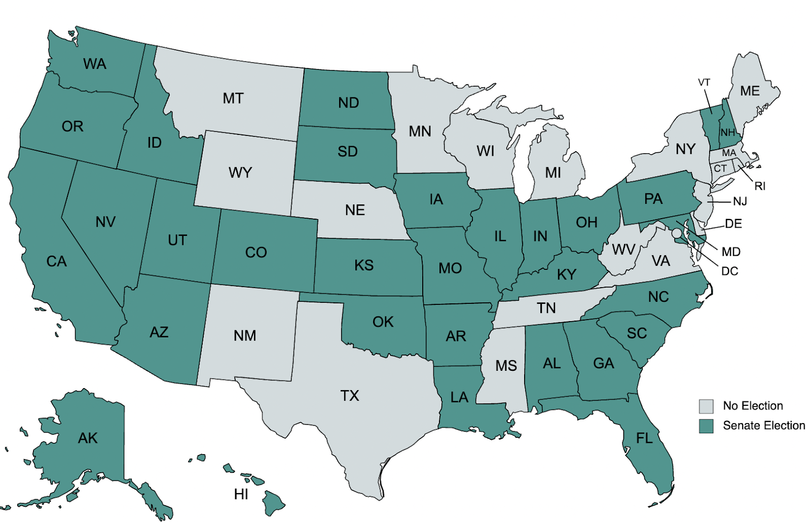 Map of the United States showing what states are holding Senate Elections 