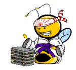 A cartoon bee dressed in martial arts attire karate chopping a block of wood.