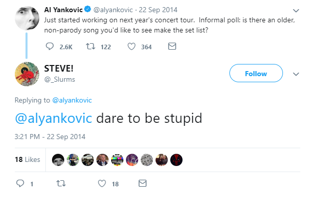 Comment to @alyankovic tweet to Weird Al with the word "stupid."