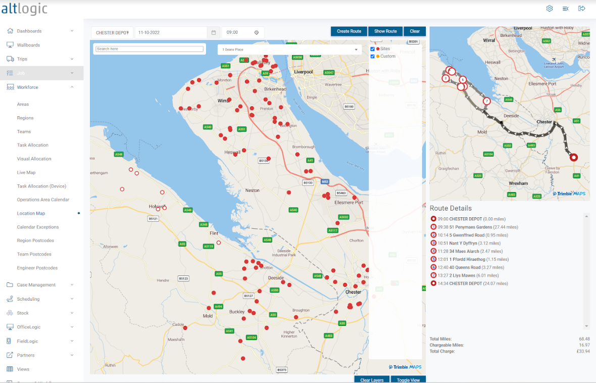 Screenshot of Alternative Logic's navigation system powered by Trimble Maps