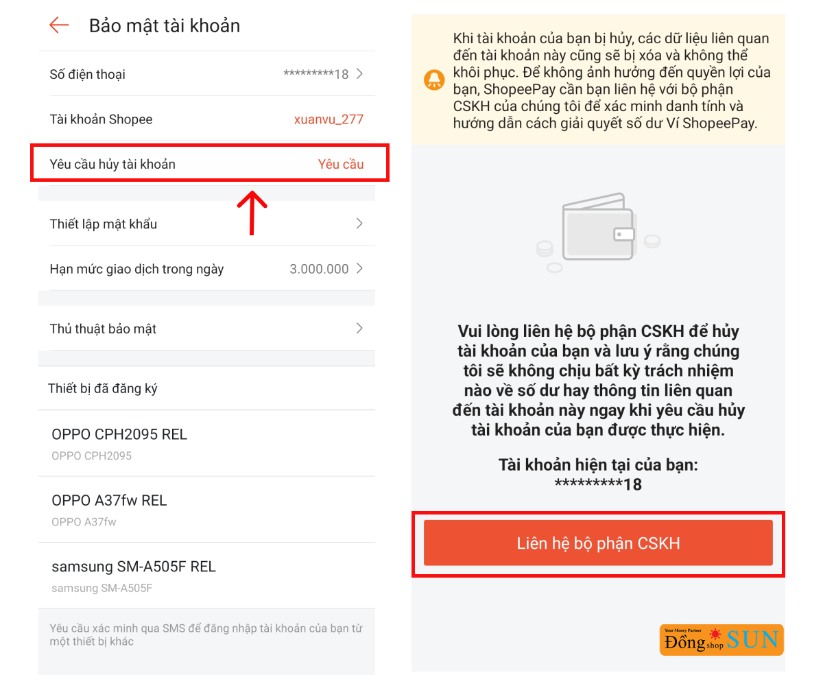 Chọn “Yêu cầu hủy tài khoản” là cách để xóa tài khoản ShopeePay