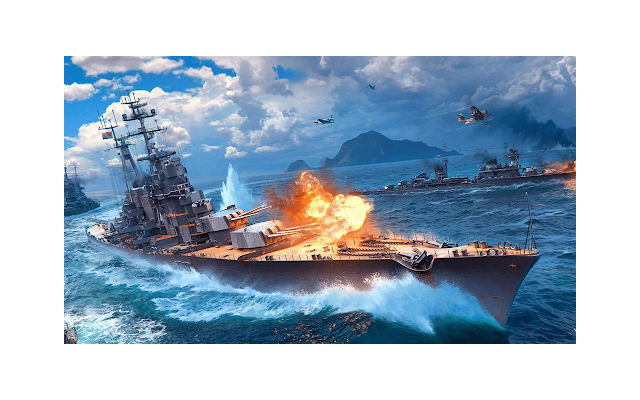 The battleship is firing artillery
