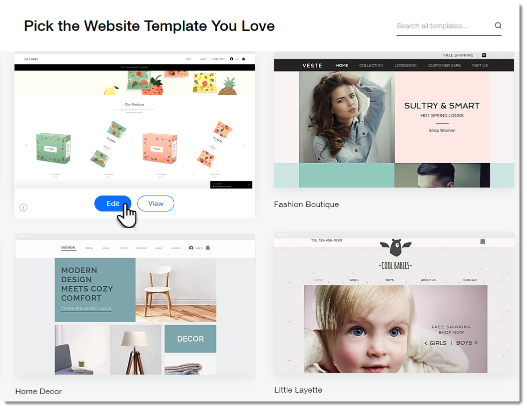 Example of Wix website templates
